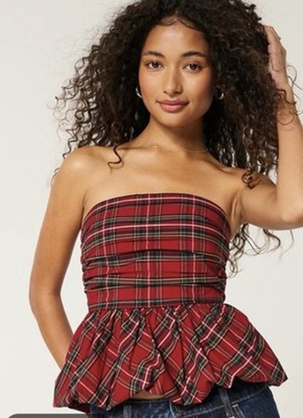⁠Hollister Red Plaid Strapless Bubble Hem Top Tube Peplum Ruched Y2K Holiday M